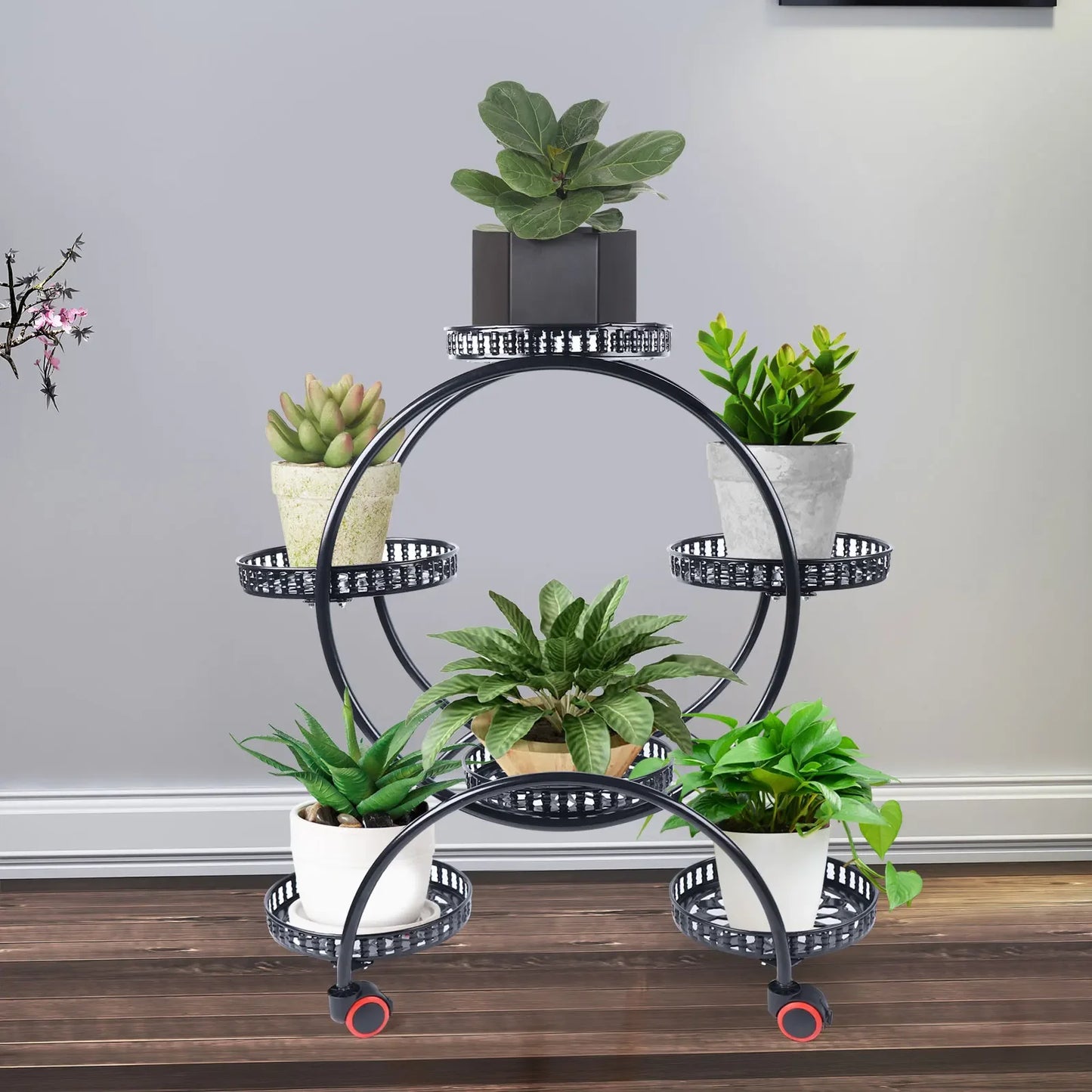 Durable Metal Plant Stand For Six Pots With Wheels
