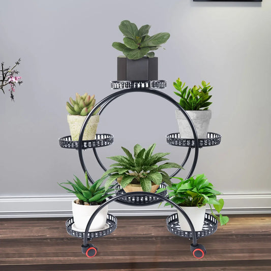 Durable Metal Plant Stand For Six Pots With Wheels
