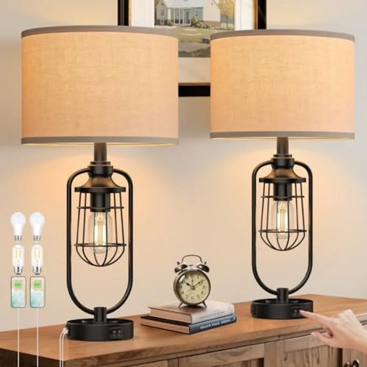 24" Farmhouse Table Lamps for Living Room Set of 2, Black Rustic Lamps for Night Stands with USB Ports, Industrial Bedside Lamp