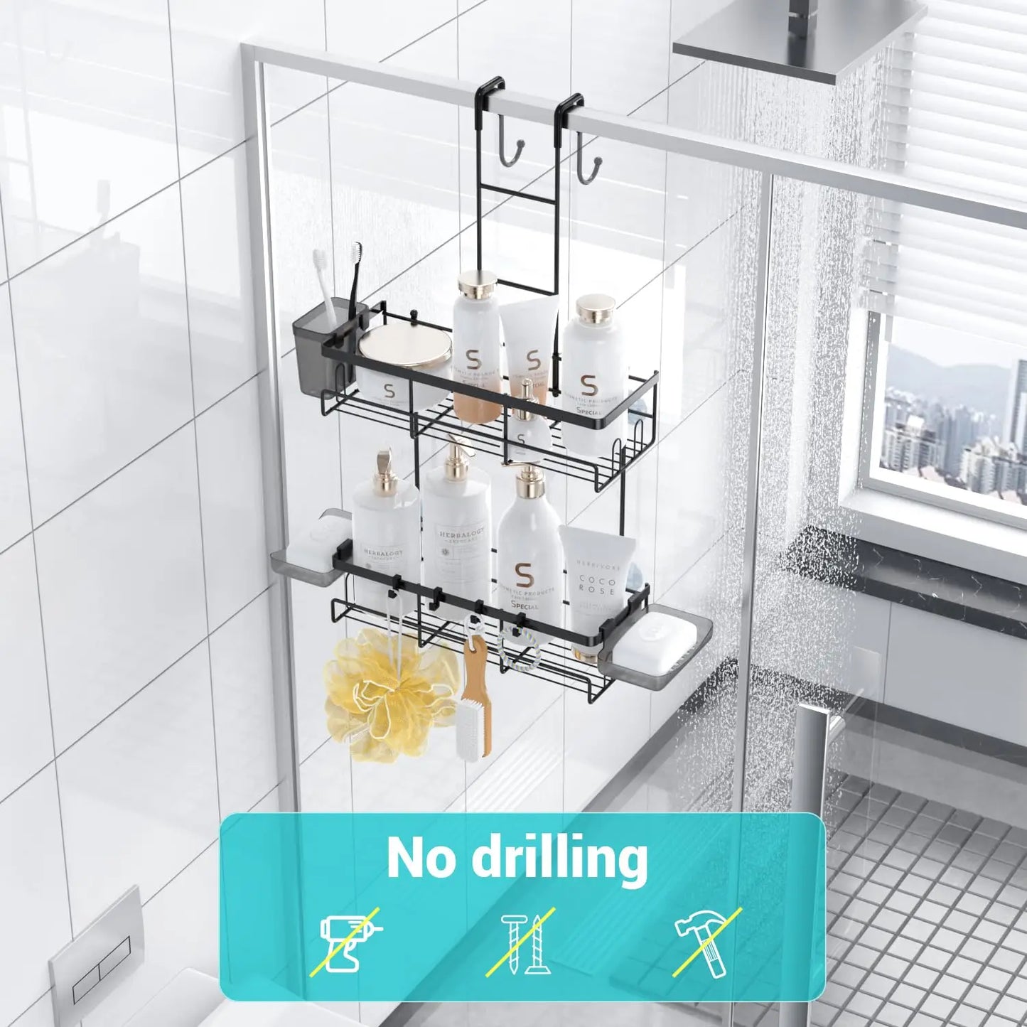 Shower Caddy Adhesive, No Drill Bathroom Shower Organizers, with Removable Hooks, Rust Proof Shower Shelves, Wall-Mounted Shower Holder