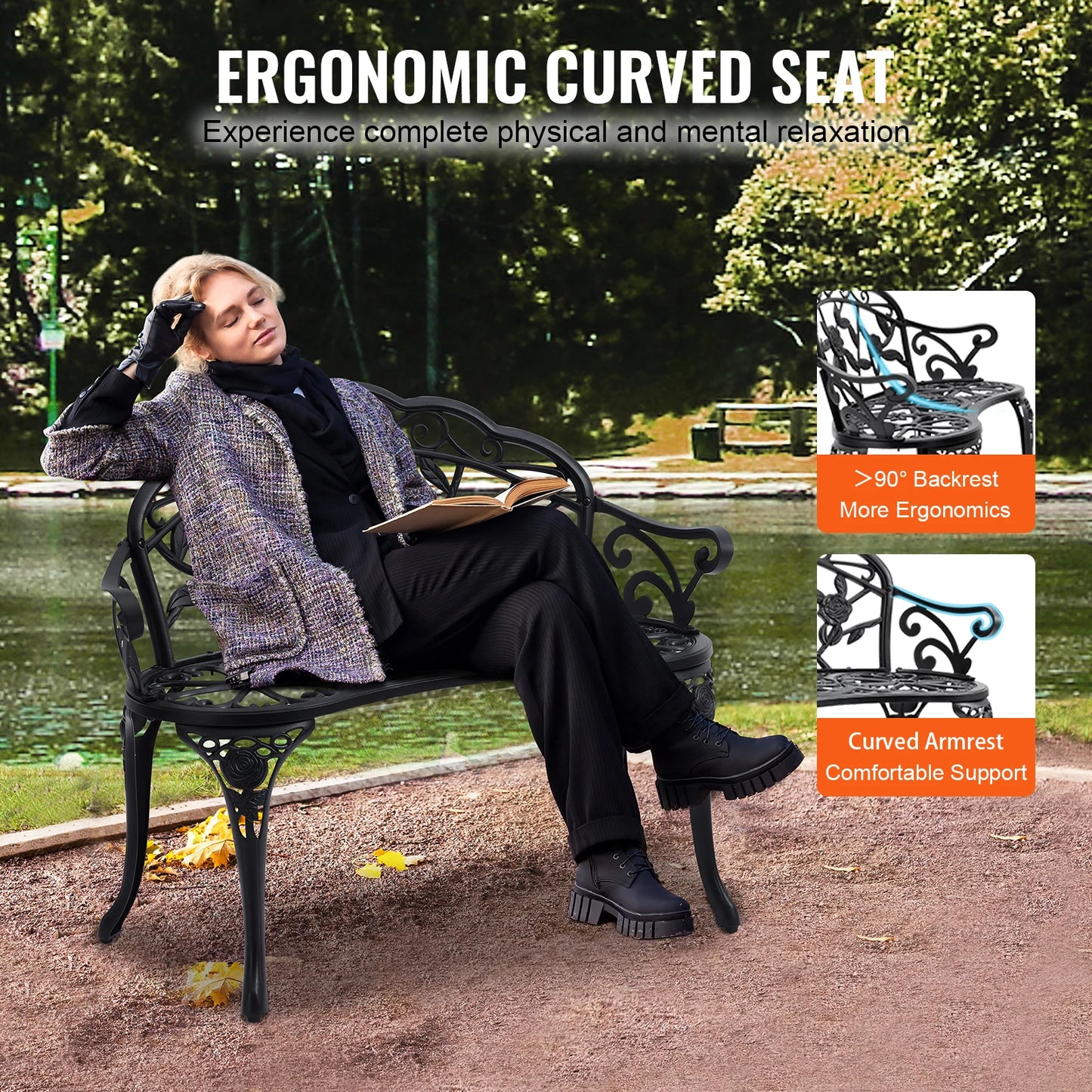 SucceBuy Outdoor Bench Wood Metal Garden Seating 480 Lbs Load Capacity