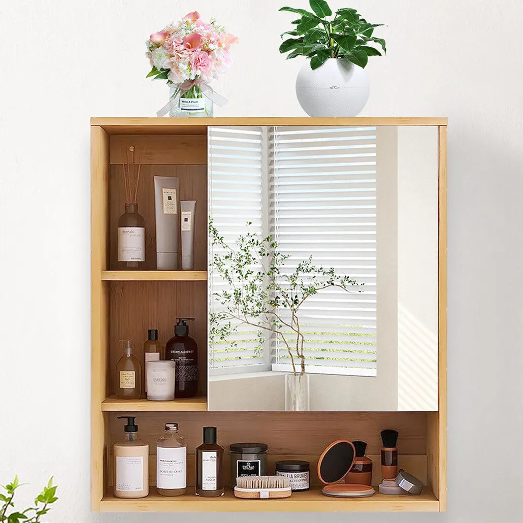 Wall Bathroom Cabinet with Mirror Door Bamboo Medicine Cabinet Storage Organizer