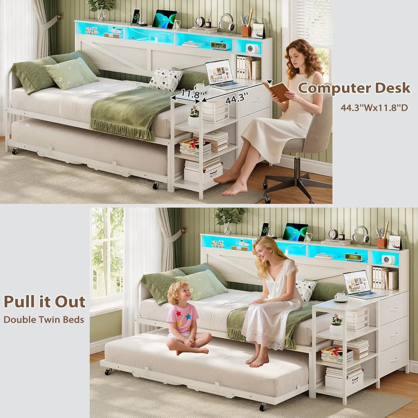 Folded Twin Daybed With Pop Up Trundle And Storage Drawers