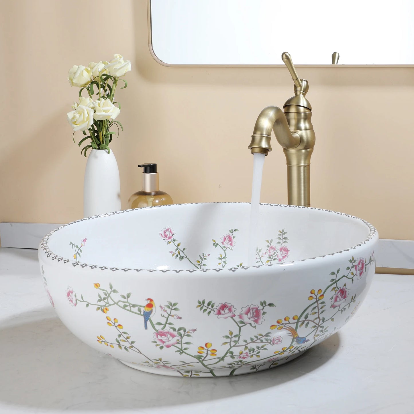 KEMAIDI Bathroom Ceramic Vessel Sinks White Round Porcelain Vessel Sink Counter Top Flower Bird Pattern Bowl Sinks for Bathrooms