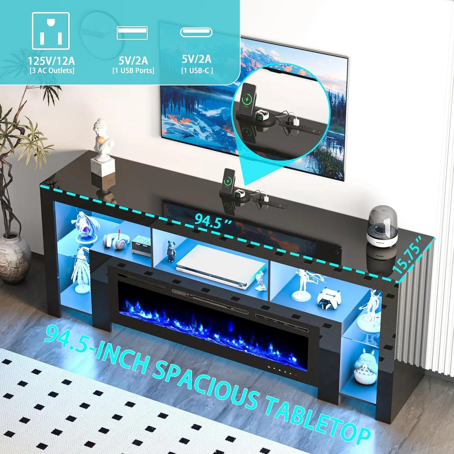 94.5" Fireplace TV Stand for TVs Up to 100", Gaming LED Entertainment Center with 50" Electric Fireplace, Modern High Gloss Medi