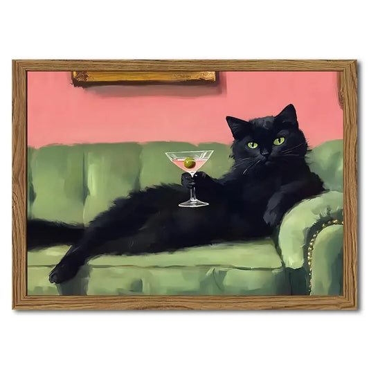 Black Cat Martini Wall Art Eclectic Cocktail Painting Canvas Print