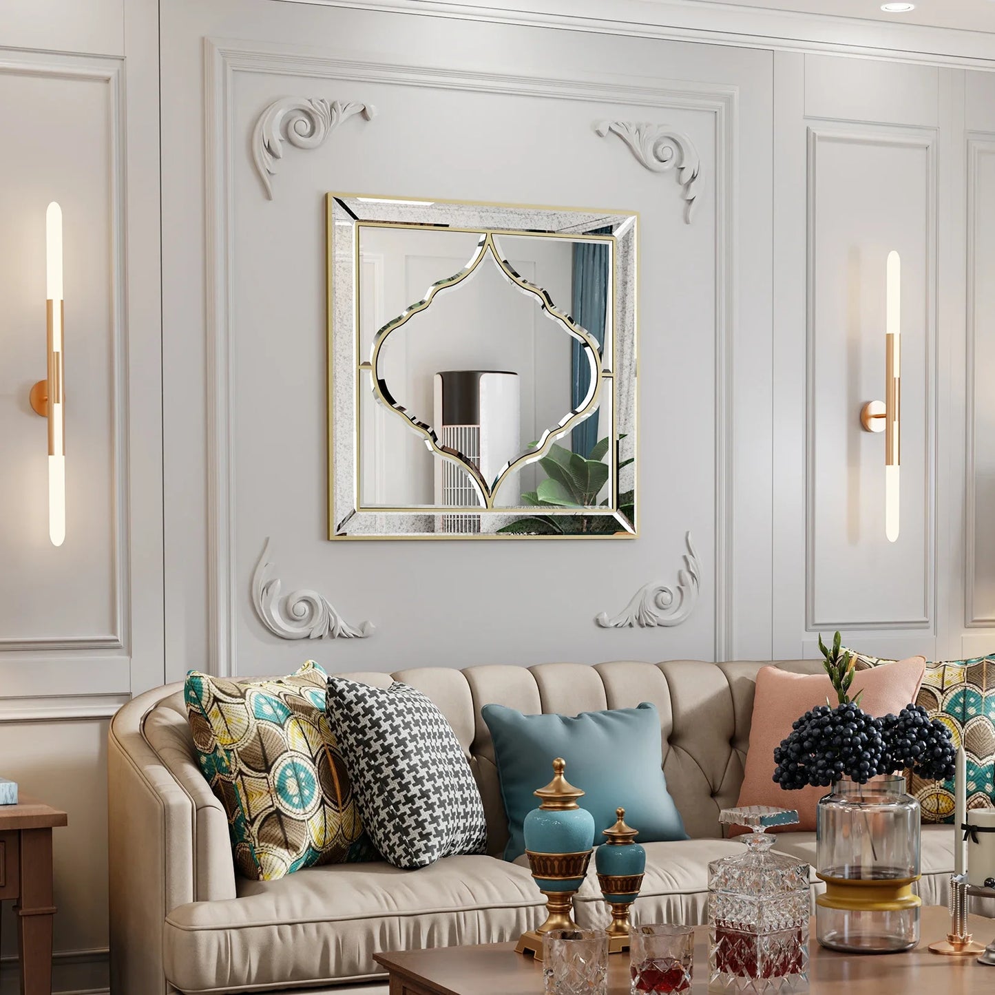 Wall Art Mirror: Elegant Square Wall Silver Glass Decorative Accent Mirror Golden Rim for Hallway, Mantle, Living Room Decoratin
