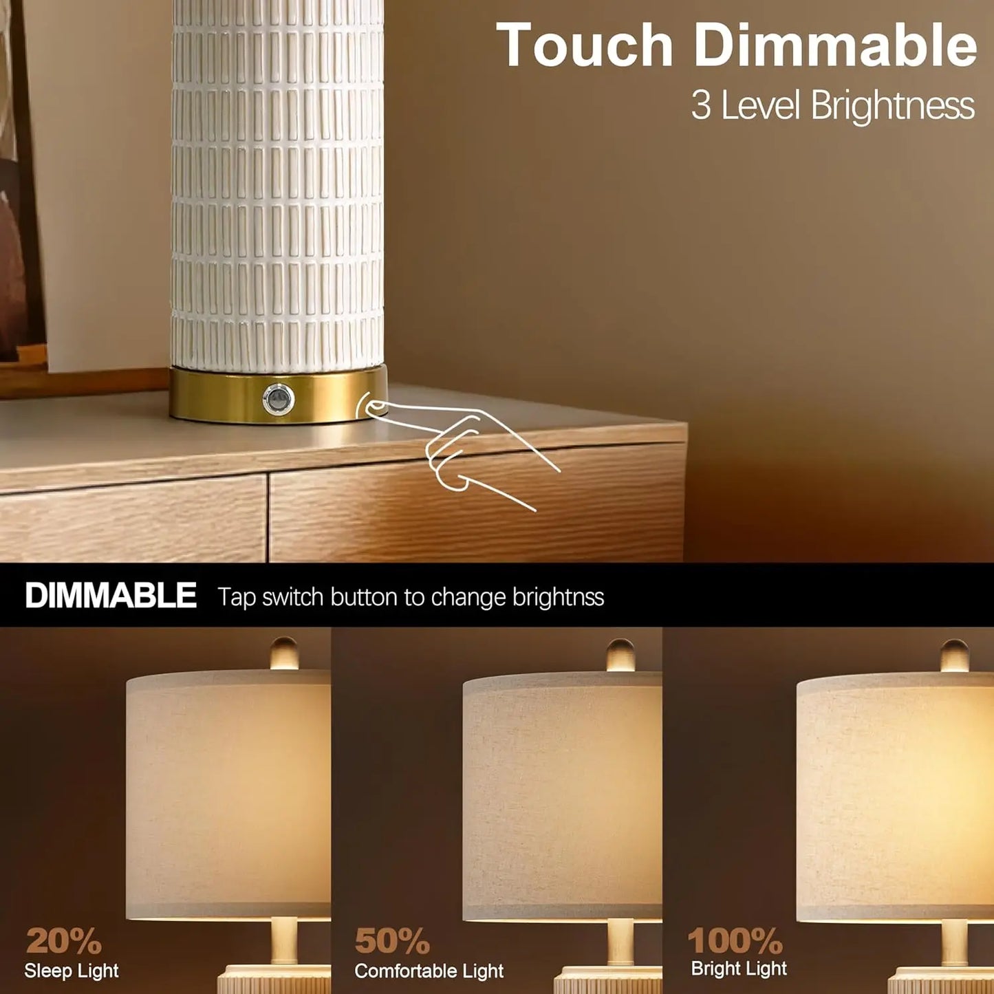 Modern Ceramic Touch Table Lamp with USB A+C Ports, Dimmable Nightstand Light for Bedroom Living Room Office