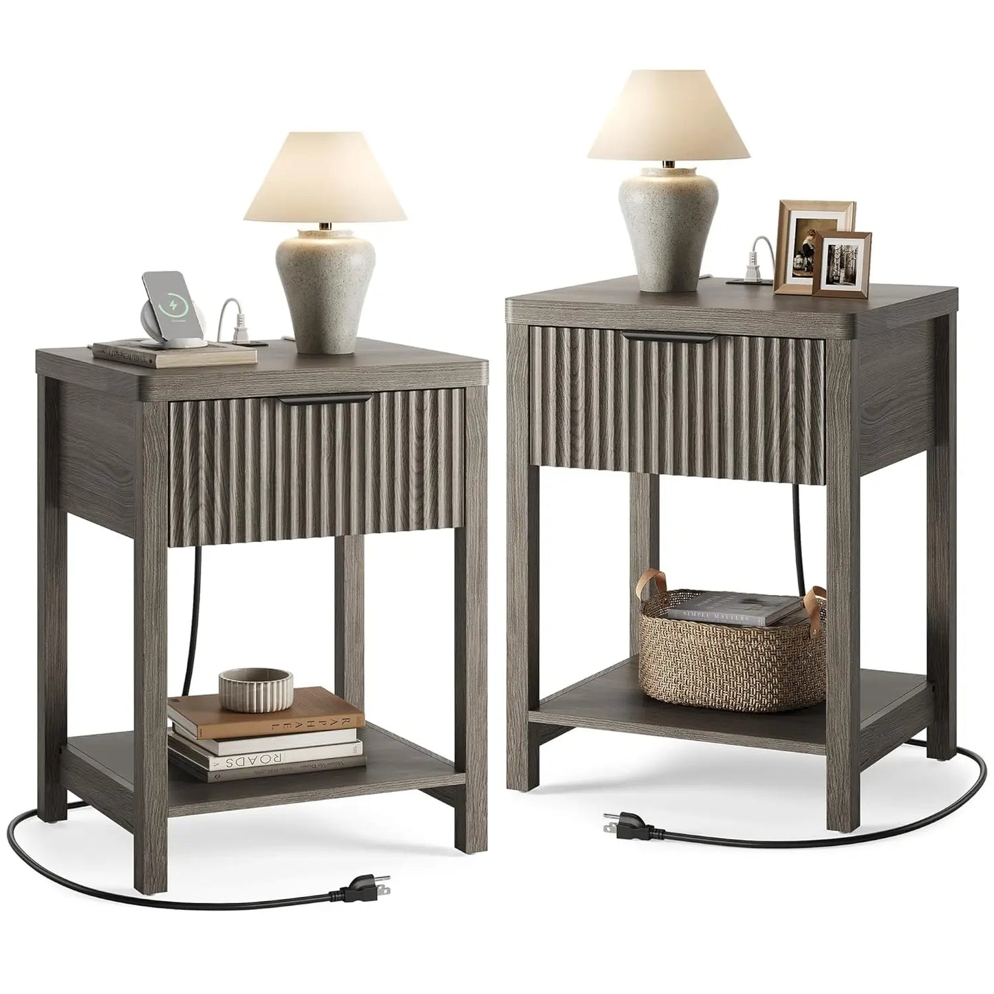 Night Stand Set 2, Fluted Nightstand with Charging Station, Wood Modern Bedside End Table with Storage Drawer for, Customized