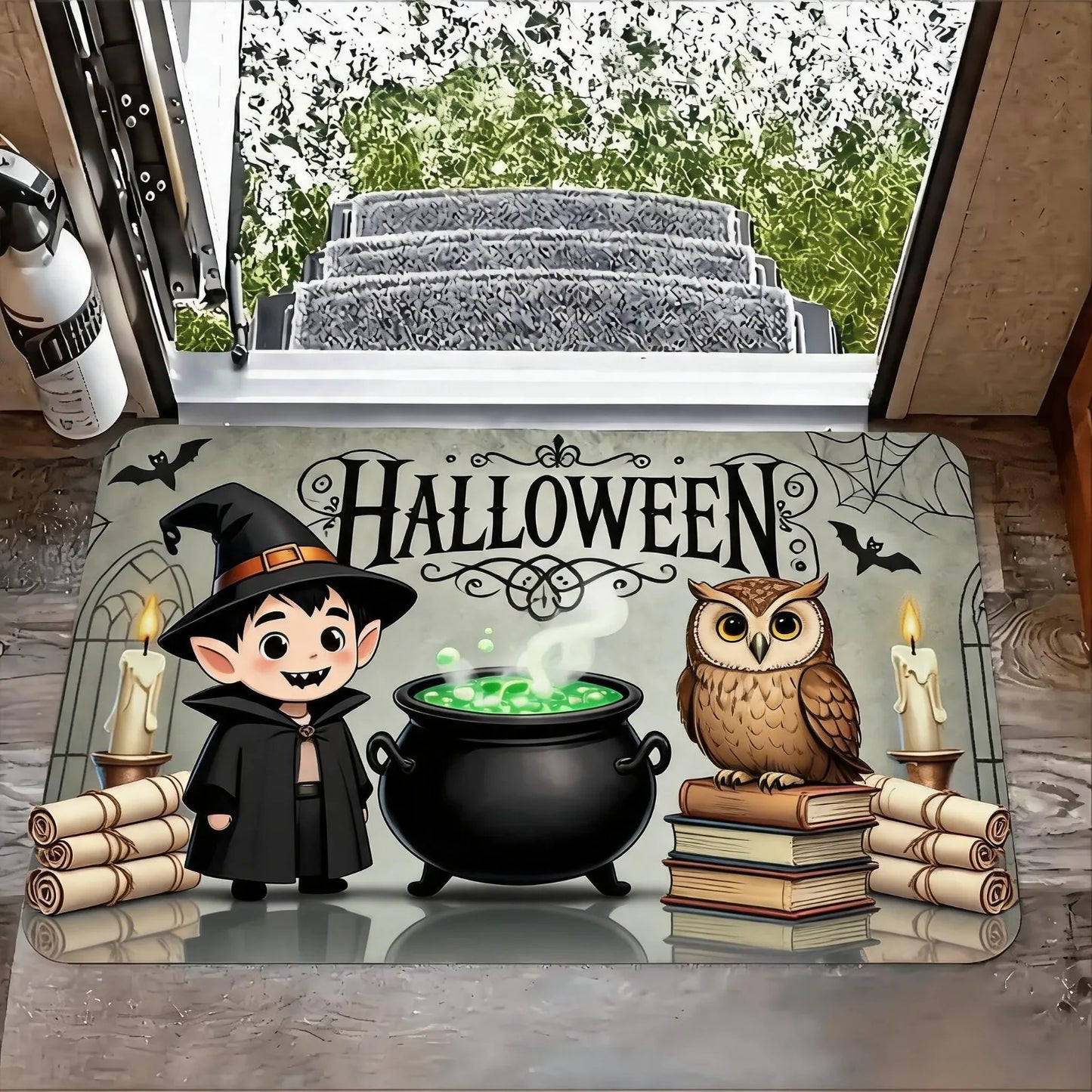 1pc Door Mat with Halloween Pumpkin and Cat Design, Welcome Floor Mats, Polyester Area Mat for Laundry Room and Kitchen, Room Decoration, Guest Room Decor