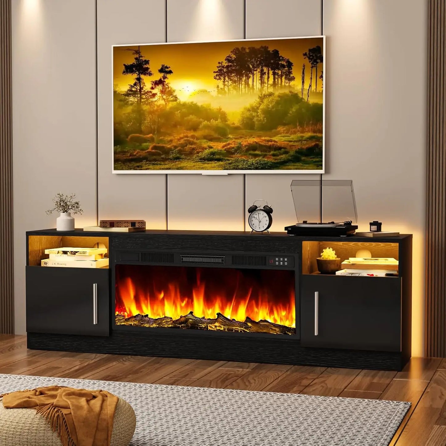 Fireplace TV Stand Entertainment Center with 36" Fireplace, 70" Wooden TV Console for TVs Up to 80", Modern TV Stands for Living