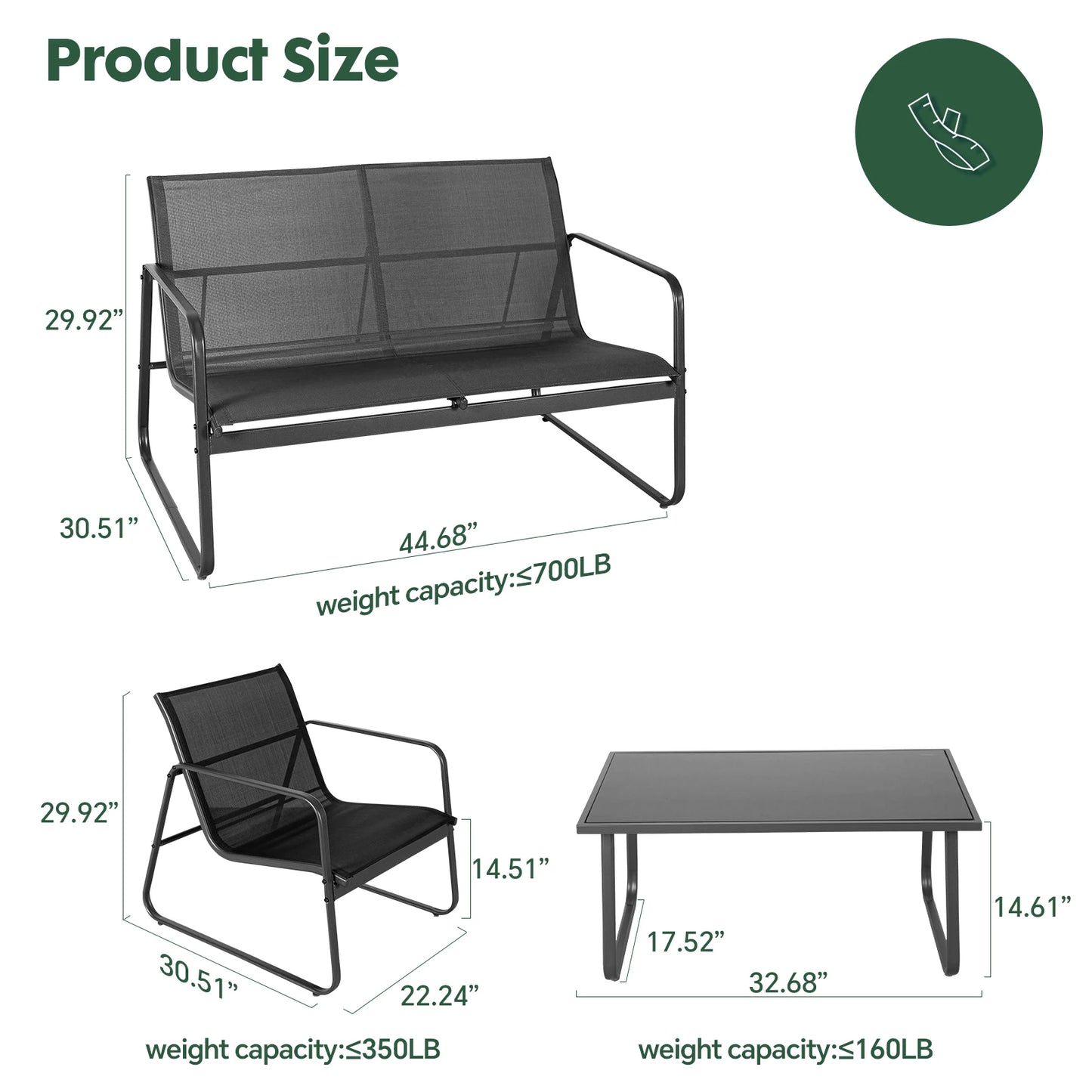 JHK Outdoor 4 Piece Patio Furniture Set with Metal Table