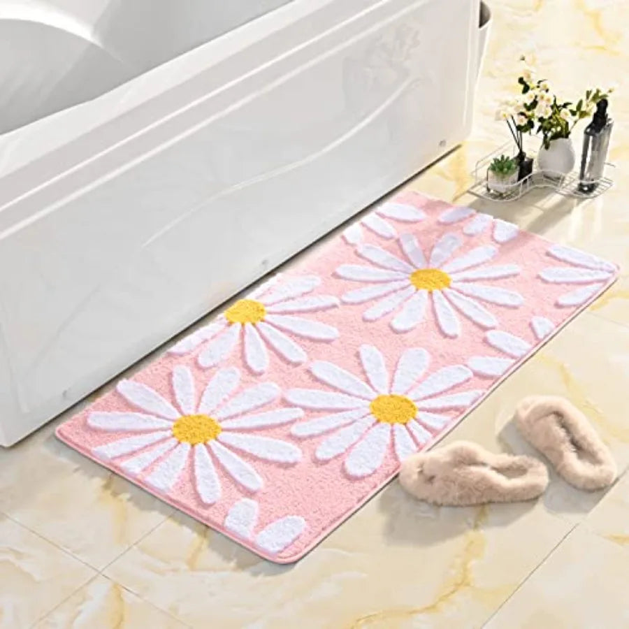 Cute Daisy Bath Mat Non Slip Bathroom Rug Microfiber Absorbent Washable