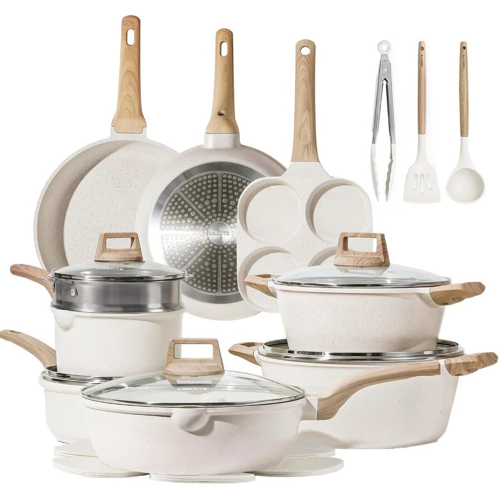 CAROTE 21Pcs Pots and Pans Set, Nonstick Cookware Sets, White Granite Induction Cookware Non Stick Cooking Set w/Frying