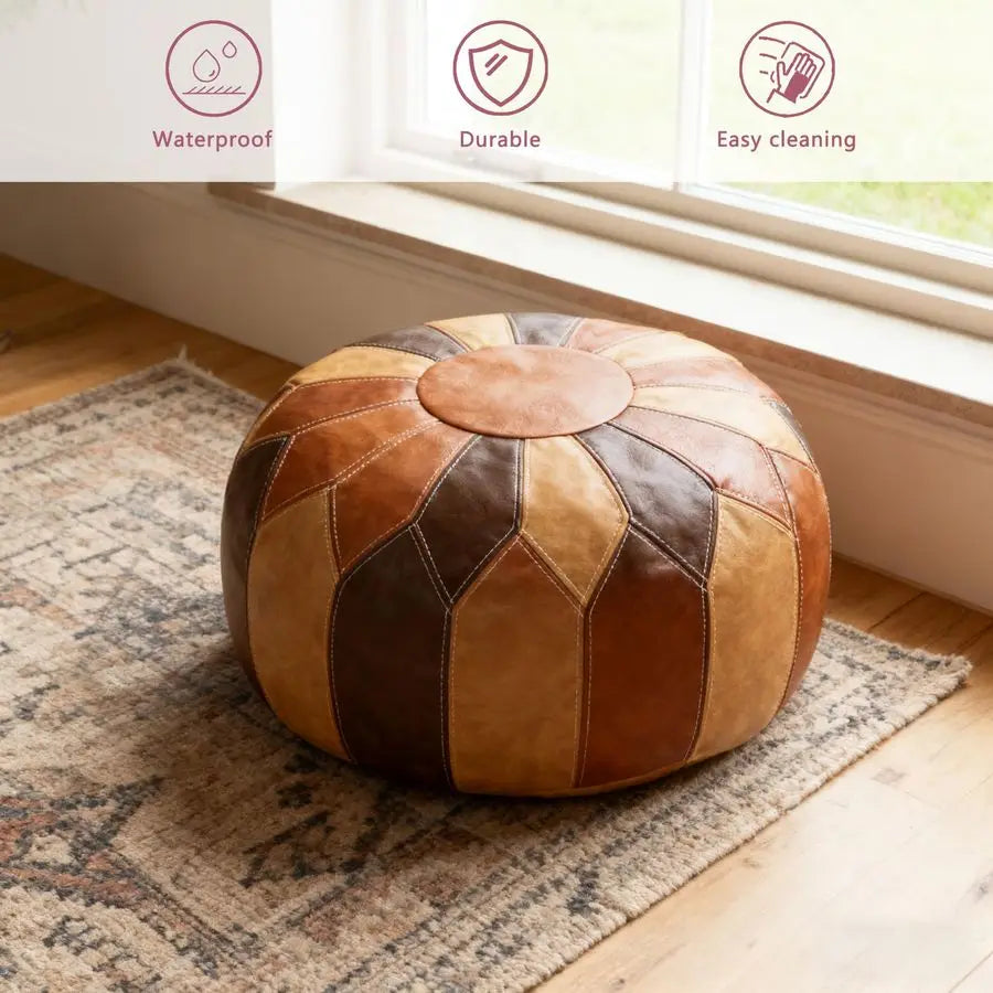 Moroccan Faux Leather Pouf Ottoman With Storage
