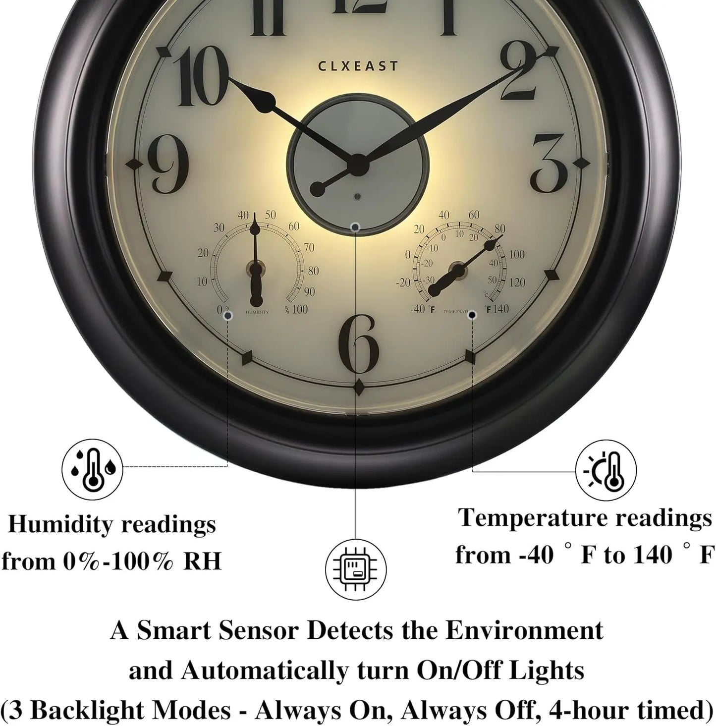 Illuminated Indoor Outdoor Clock With Thermometer Hygrometer Night Light Sensor