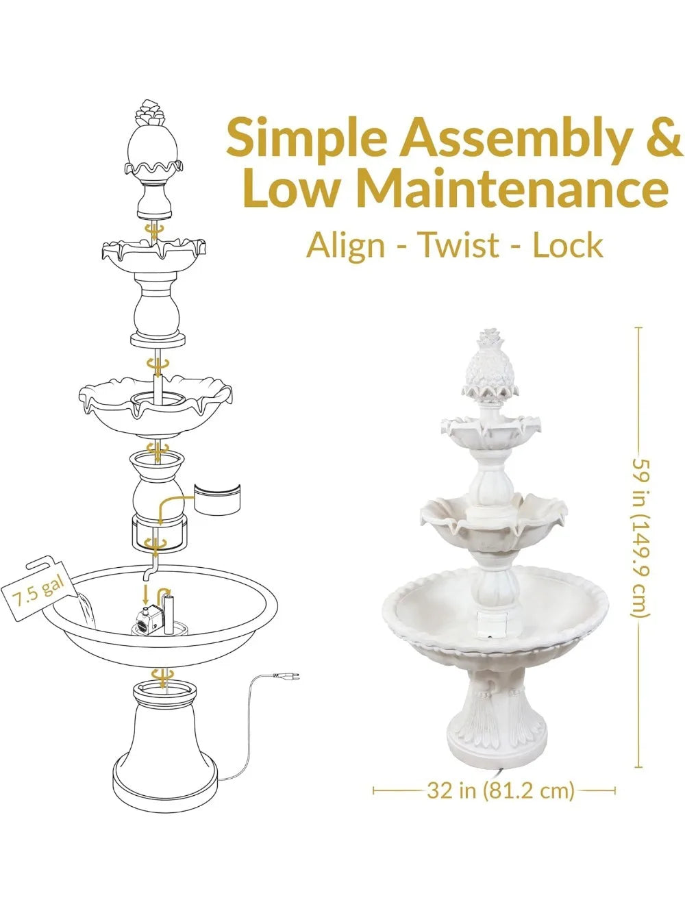 Welcome 3-Tier Water Fountain For Garden Outdoor Pineapple Topper