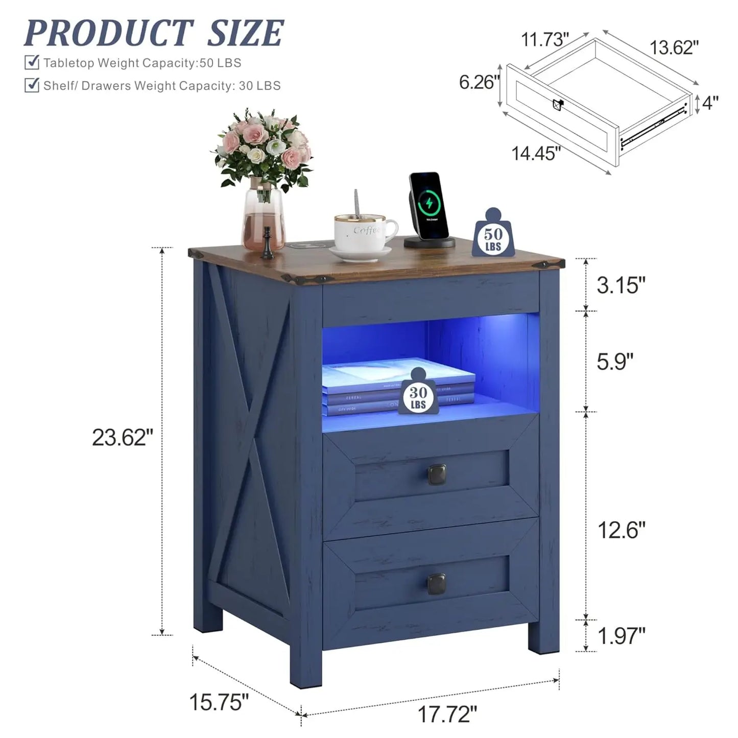 LED Nightstand with Gun Drawer: Bedside Table with Charging Station for Bedroom Furniture – Farmhouse Night Stand, Customized