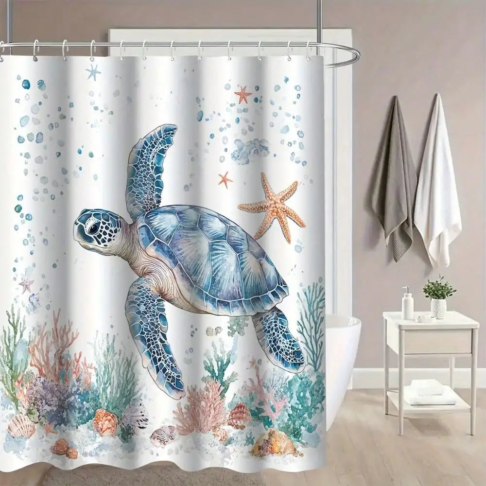 1/3/4PCS turtle-patterned shower curtain set, marine life theme, includes a U-shaped toilet seat cover and 12 hooks, bathroom decoration.