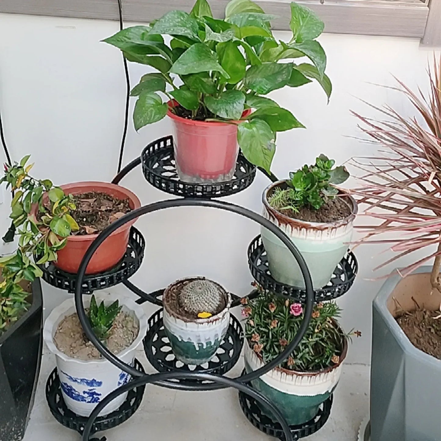 Durable Metal Plant Stand For Six Pots With Wheels